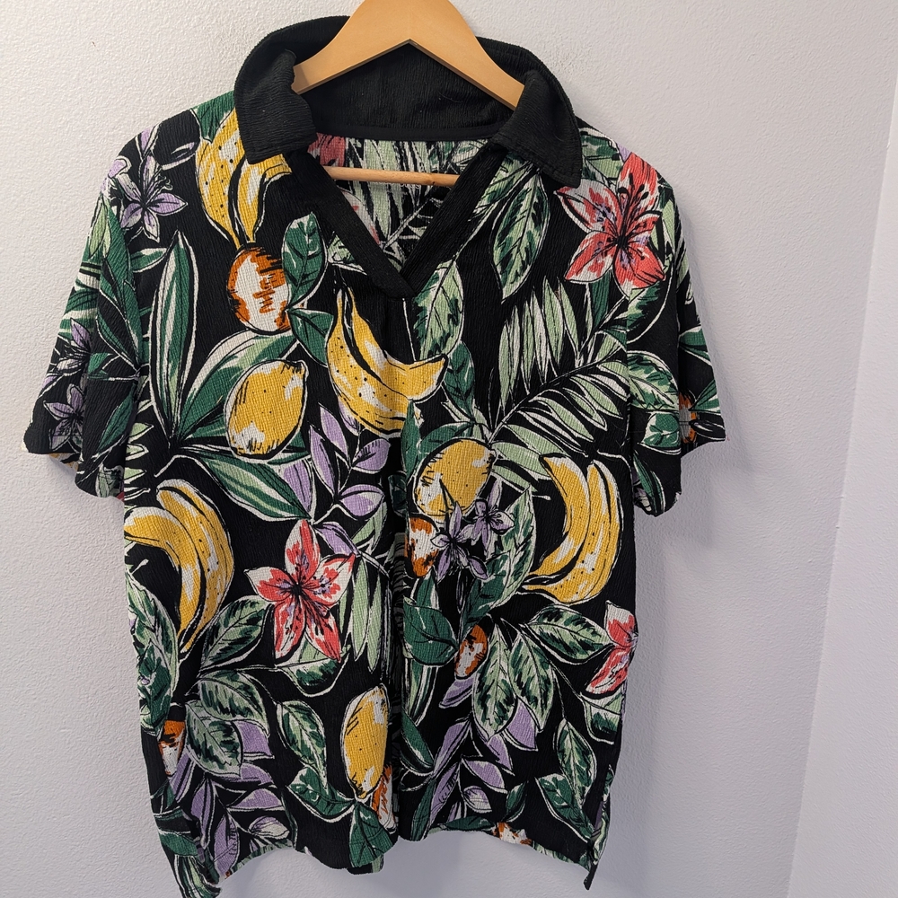 Cuddl Duds Tropical Fruit Print Short Sleeve Top Black Green Yellow L‎